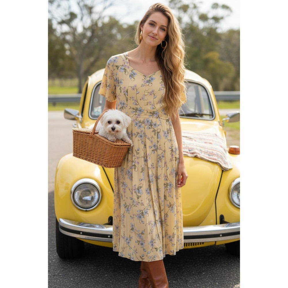 Vintage Erika Petites "Ditsy" Floral Rayon Midi Dress PL "90s does 70s" Boho